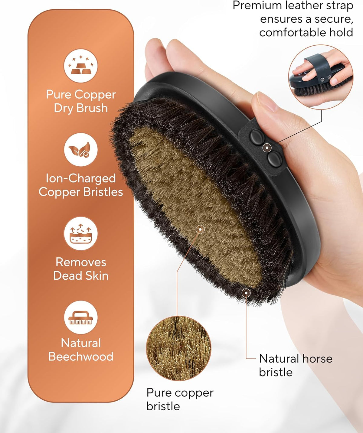 TheraCopper Copper Dry Brushing Body Brush for Lymphatic Drainage