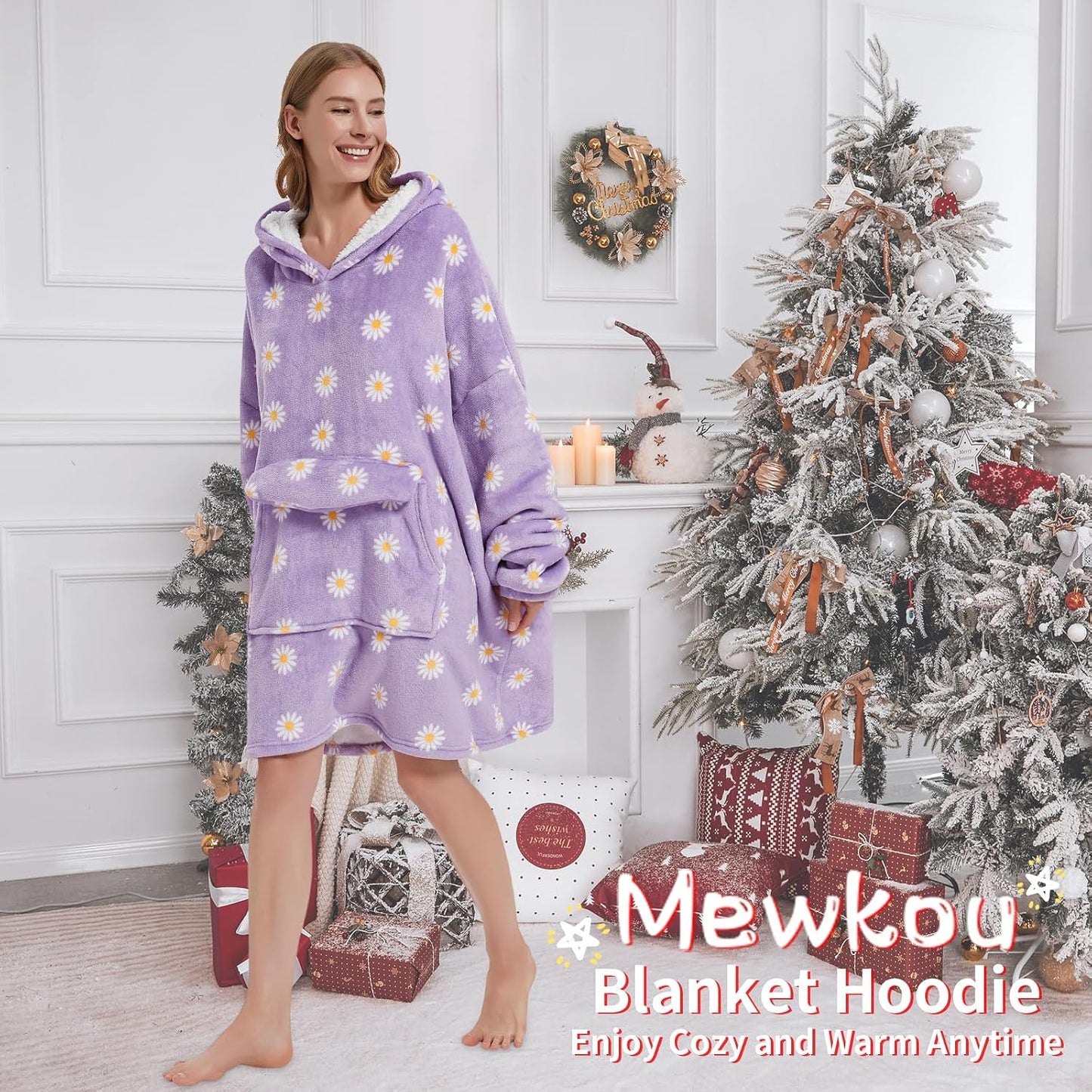 Mewkou Wearable Blanket Hoodie for Adult,Oversized Sherpa Fleece Blanket Hoodie for Women Men,Grey