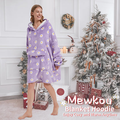 Mewkou Wearable Blanket Hoodie for Adult,Oversized Sherpa Fleece Blanket Hoodie for Women Men,Grey