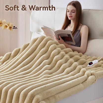 Heated Throw Blanket, Faux Fur Cozy Heating Blanket with Overheat Protection, 1/2/4/6/8 Hours Auto-Off 10 Heat Level, Machine Washable (50x60 Inches, Cream White)