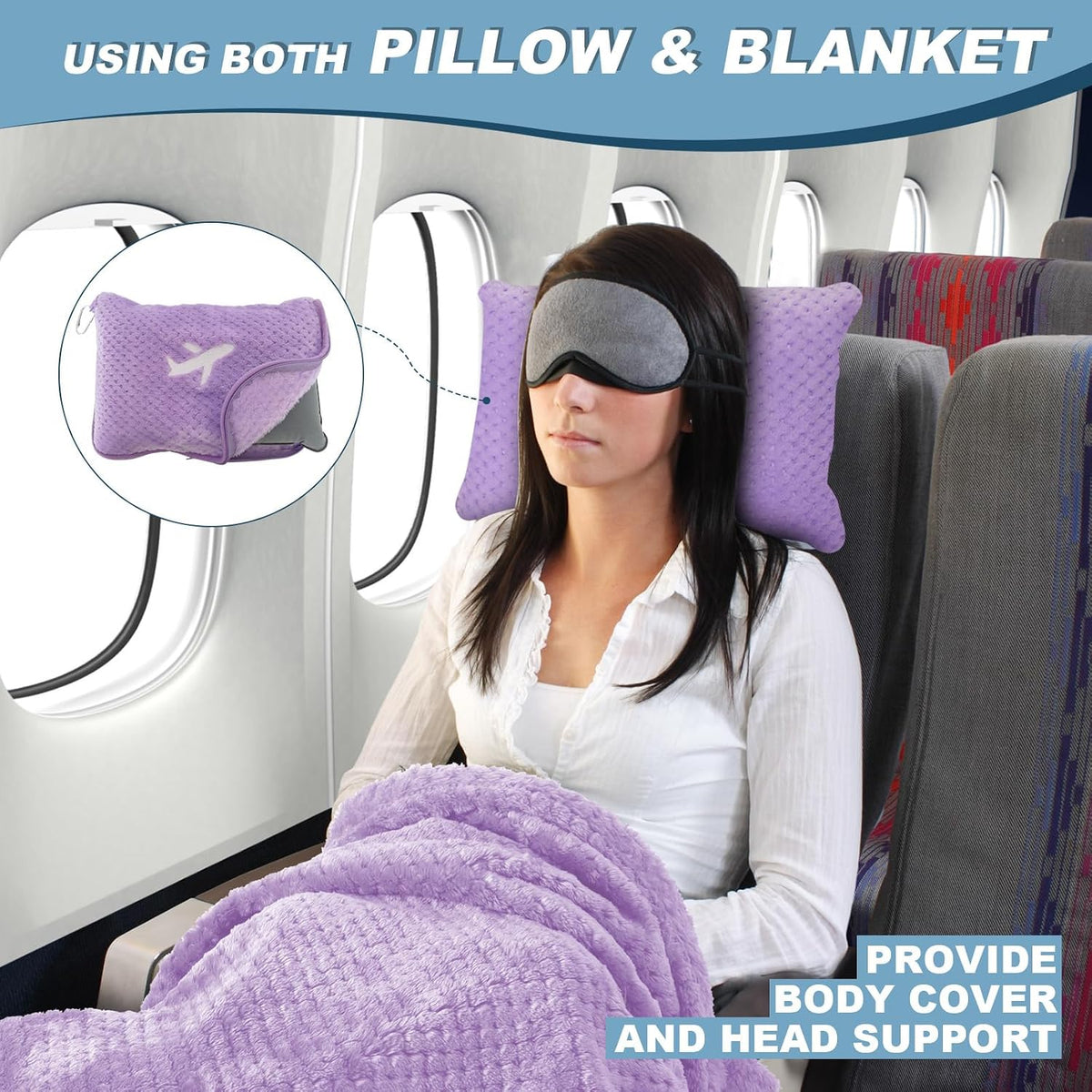 Travel Blanket Airplane Compact with Bag, Travel Essentials 3 in 1 Packable Airplane Blanket, Travel Pillow and Blanket Set, Inflatable Pillow, Luggage Sleeve & Backpack Clip (Light Grey)