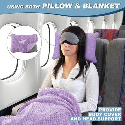 Travel Blanket Airplane Compact with Bag, Travel Essentials 3 in 1 Packable Airplane Blanket, Travel Pillow and Blanket Set, Inflatable Pillow, Luggage Sleeve & Backpack Clip (Light Grey)