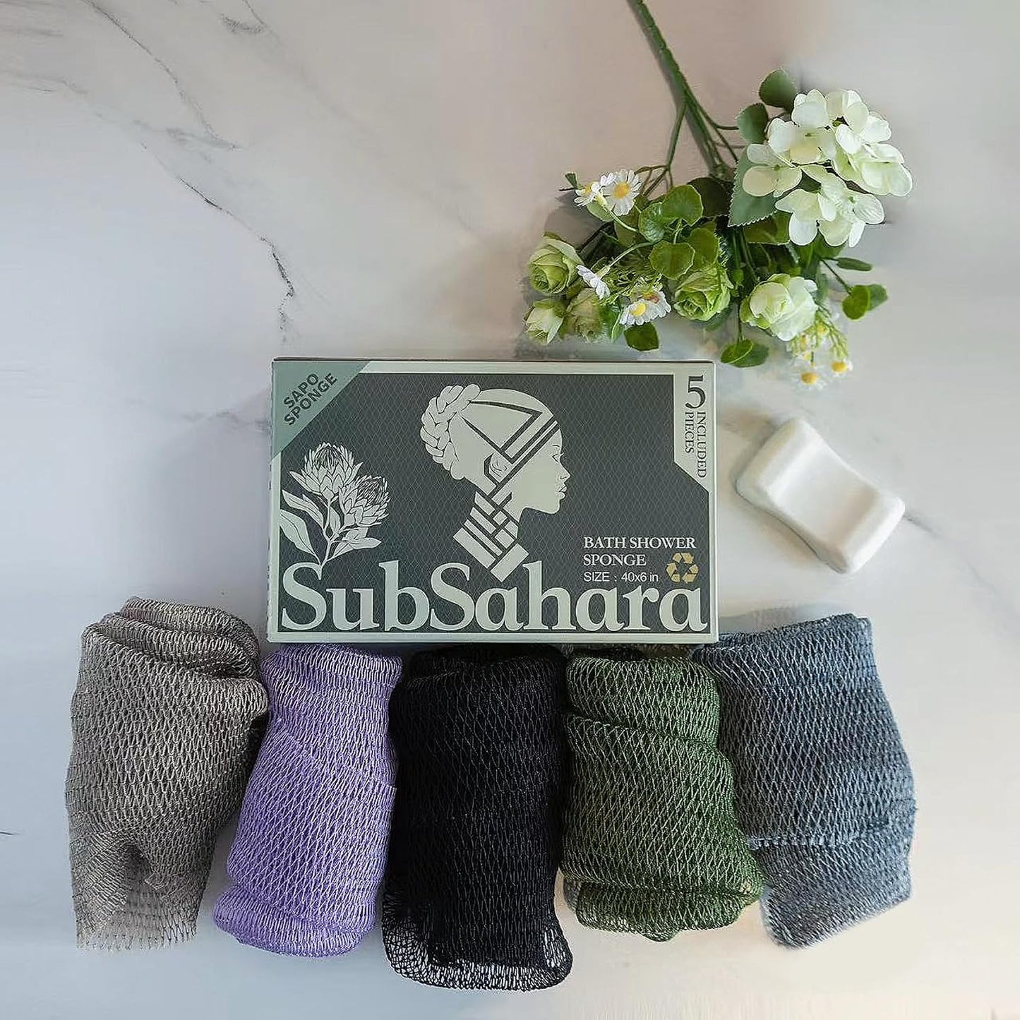 SubSahara Authentic African Net Sponge - 2 Pack Exfoliating Bath & Shower Loofah Sponge for Body & Face, Gentle Scrubber for All Skin Types, Travel, Durable Polyester (Olive Green & Light Green)