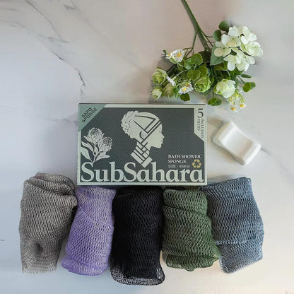 SubSahara Authentic African Net Sponge - 2 Pack Exfoliating Bath & Shower Loofah Sponge for Body & Face, Gentle Scrubber for All Skin Types, Travel, Durable Polyester (Olive Green & Light Green)