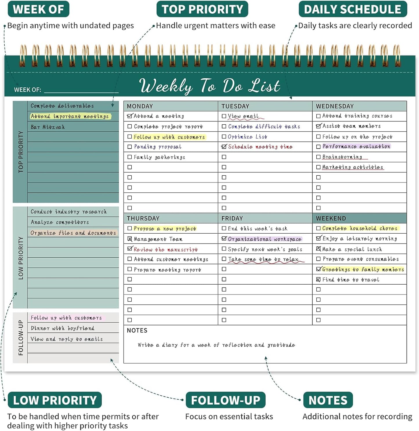 104 Pgs Weekly To Do List Notepad, 52 Duplex-Printed Undated Sheets 100 GSM（8.5"×11") Weekly Desk Planner For Work Home School Office Desk Accessories Supplies & Goal Setting Tasks - Green