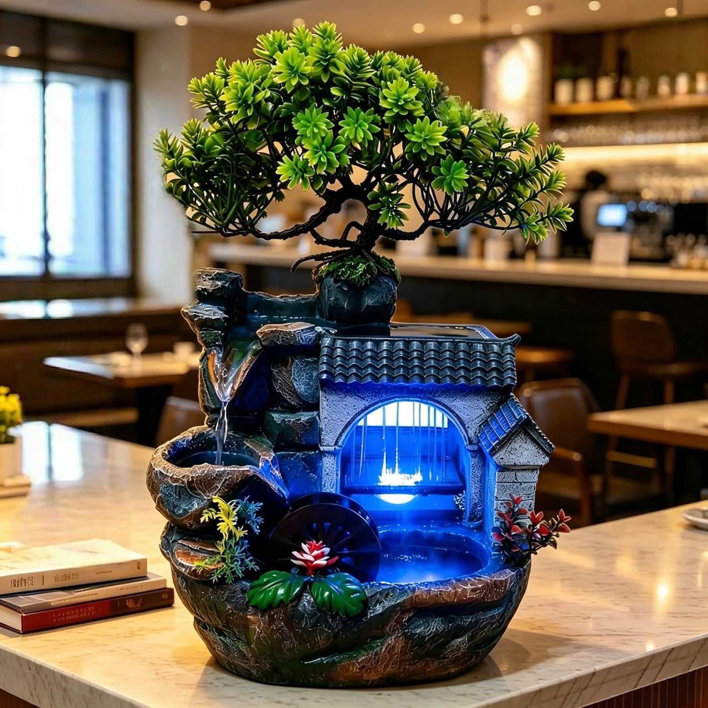 Mini Artificial Bonsai Tree Waterfall Fog Feature Rock Tabletop Fountain | 11in Desktop Decor Waterfall Fountain W/ Water Pump& Atomizer&LED Lights &Fake Tree Office Bedroom Relax