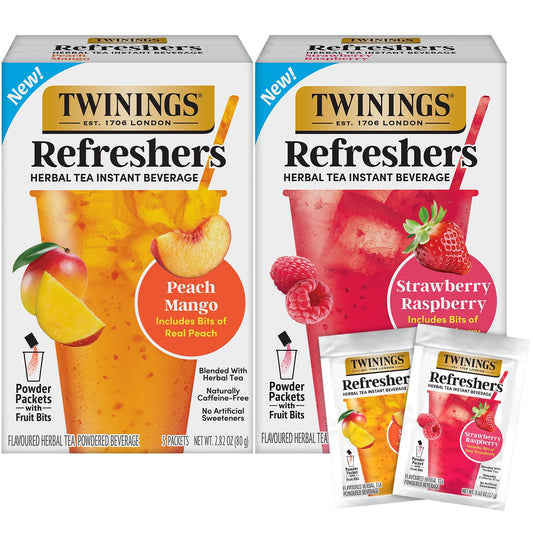 Twinings Refreshers Variety 2-Pack, Strawberry Raspberry & Peach Mango, Herbal Tea Instant Beverage with Real Fruit Bits, 5 Count Ea (10 Packets), Café Style, No Artificial Sweeteners, Naturally Caffeine-Free, 2.82 Oz Ea