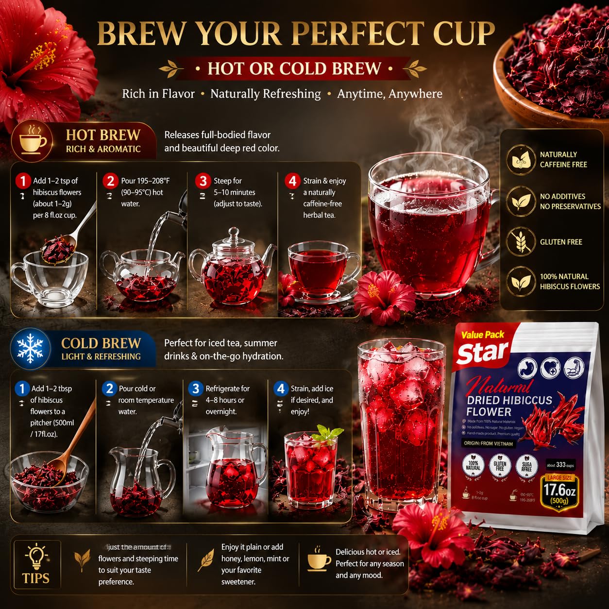 WOTIHA Premium 80 Hibiscus Flower Tea Bags (Flor de Jamaica) - 100% Natural, Tart & Refreshing, Hot or Ice Tea - Rich in Antioxidants, Sugar-Free Caffeine-Free Non-GMO Vegan Gluten-Free.