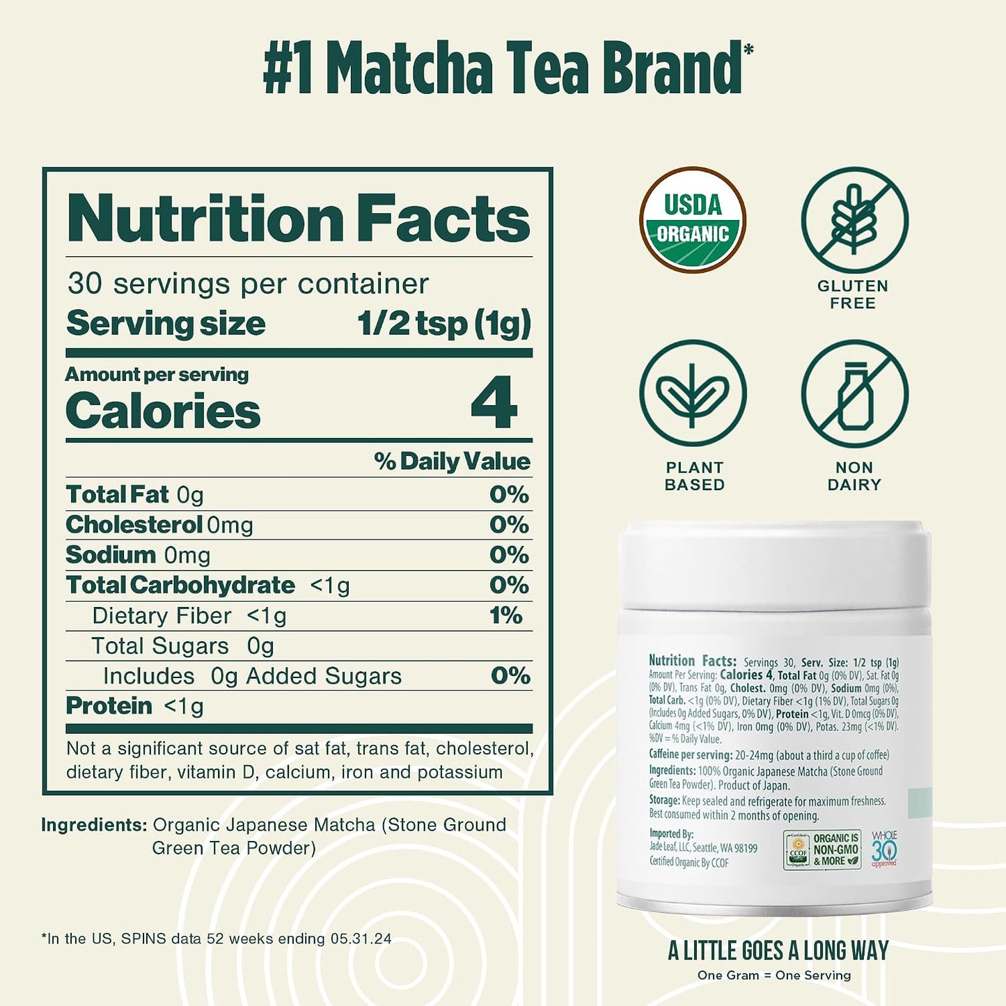 Jade Leaf Ceremonial Grade Matcha Powder, 30g / 1.06oz Tin