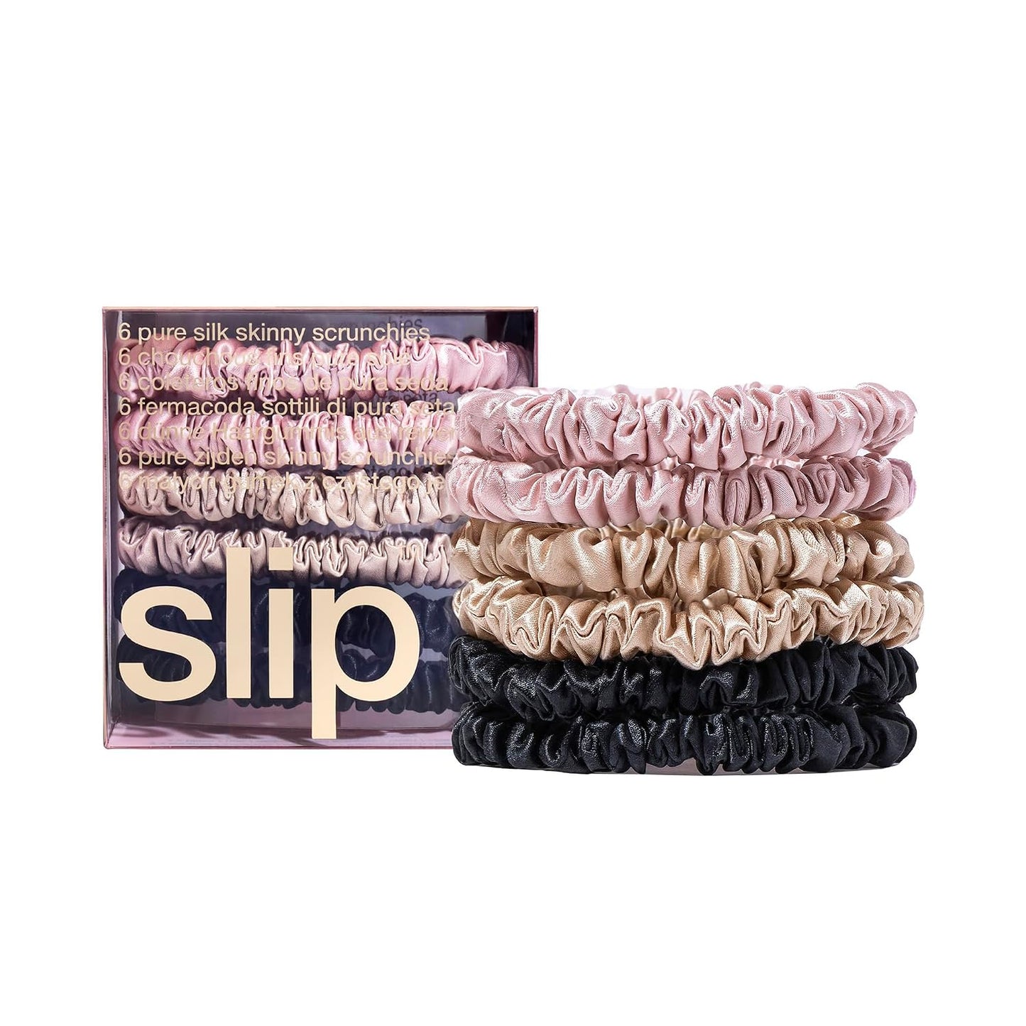 Slip Silk Hair Ties — Skinny Silk Black Scrunchies, No Damage, No Crease, Anti-Breakage |100% Mulberry Silk | All Hair Types | Made with Proprietary Slipsilk™ | Set of 4