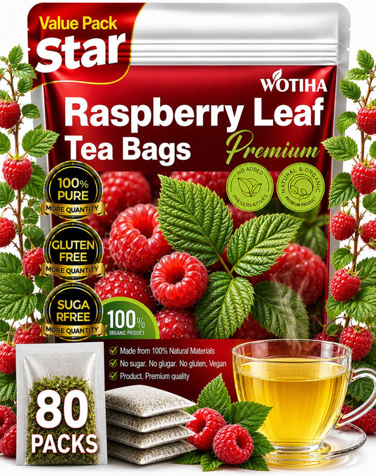 WOTIHA 80 Count Premium Raspberry Leaf Tea Bags - Pure Red Raspberry Leaf, Supports Pregnancy Health & Menstrual Comfort, Aids Childbirth Prep, Caffeine-Free, Additive-Free