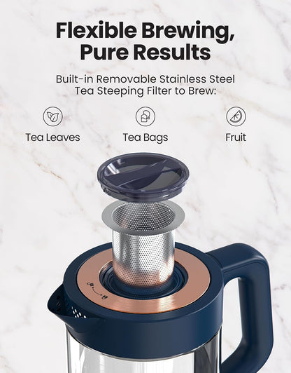 Viante Alba Electric Tea Kettle with Infuser, No Plastic In Contact With Water, 1.5L Borosilicate Glass, 304 Stainless Steel, 4 Temperature Presets, Keep Warm, Cordless, Auto Shut-Off