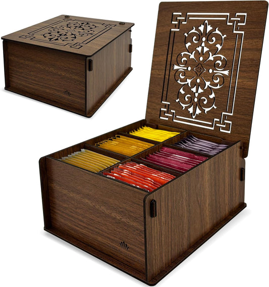 RoyalHouse Premium Wood Tea Storage Box Organizer, Tea Bag Holder Containers (Brown), Eco-Friendly Multi-Functional Decorative Box, 6 Compartments For Assorted Variety Of Small Items
