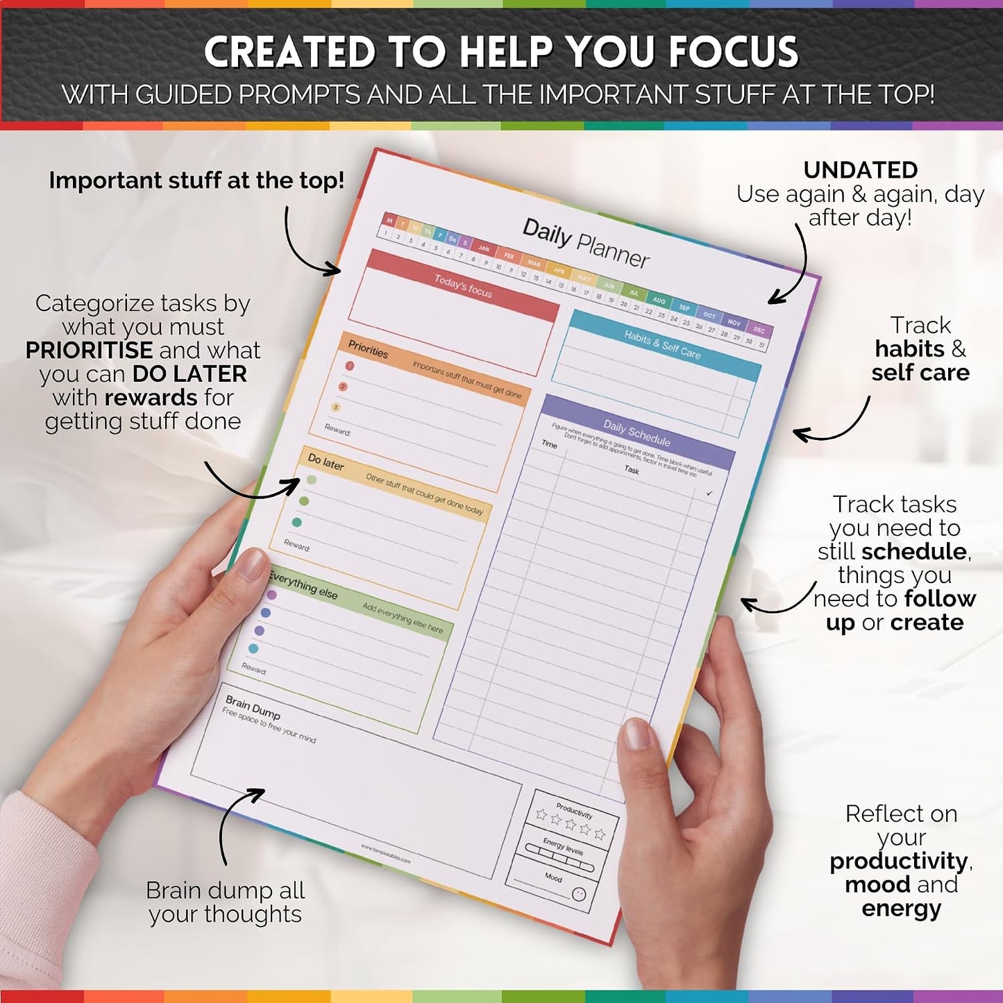 ADHD Daily Planner Notepad for Neurodivergent Adults - Productivity Daily Planner Desk Pad & Task Management to Stay Organized and Focused Note Pad (Rainbow, A4 Portrait)