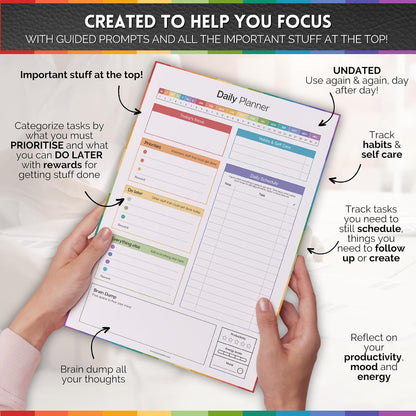 ADHD Daily Planner Notepad for Neurodivergent Adults - Productivity Daily Planner Desk Pad & Task Management to Stay Organized and Focused Note Pad (Rainbow, A4 Portrait)