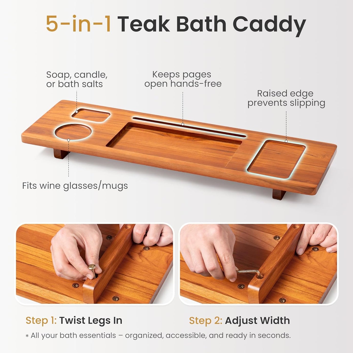 Teak Bathtub Tray for Freestanding Tubs - 35" Heavy-Duty Luxury Bath Caddy, Non-Slip Zero-Wobble Design, Water-Resistant Spa Organizer with Wine Glass & Phone Holder