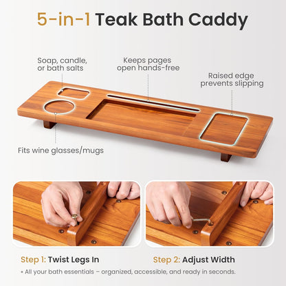 Teak Bathtub Tray for Freestanding Tubs - 35" Heavy-Duty Luxury Bath Caddy, Non-Slip Zero-Wobble Design, Water-Resistant Spa Organizer with Wine Glass & Phone Holder
