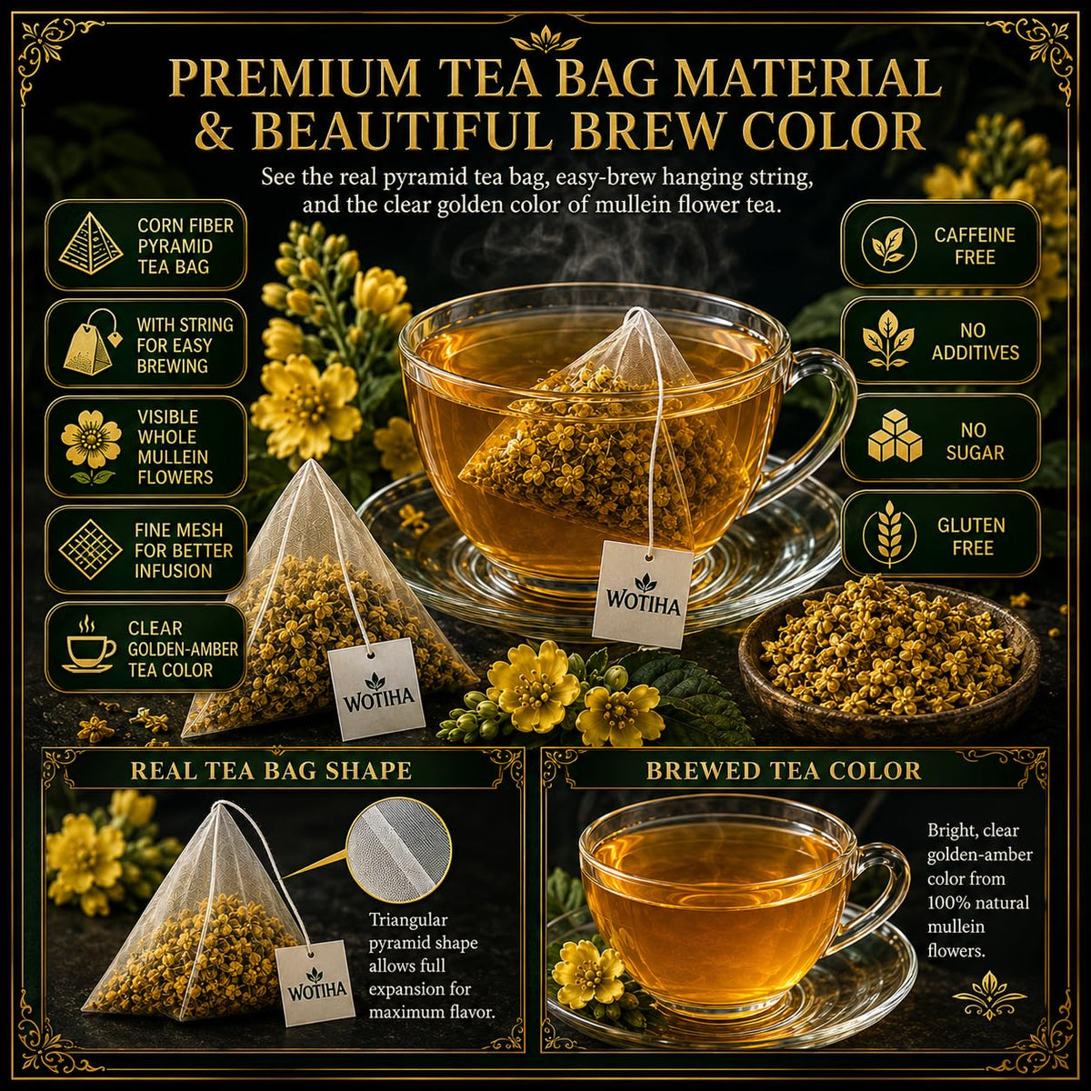 WOTIHA Mullein Leaf Tea Bags 150 Ct - Pure Herbal Tea for Lung Health