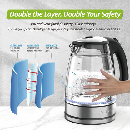 NISVITU 1.7L Dual Wall Cool Touch Electric Kettle, BPA-Free Borosilicate Glass Inner, PC Outer, 1500W Fast Boil Cordless Hot Water Boiler & Electric Tea Kettle, Keep Warm, Auto Shut-Off, White