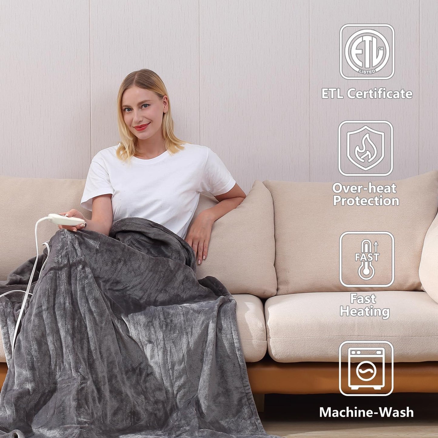Tefici Heated Blanket Throw 50"x60", Ultra Soft 2-Layer Flannel Electric Blanket, for Home Office Sofa,3 Heat Settings, 4H Auto Off, ETL FCC Certified, Overheat Protection, Machine Washable, Camel