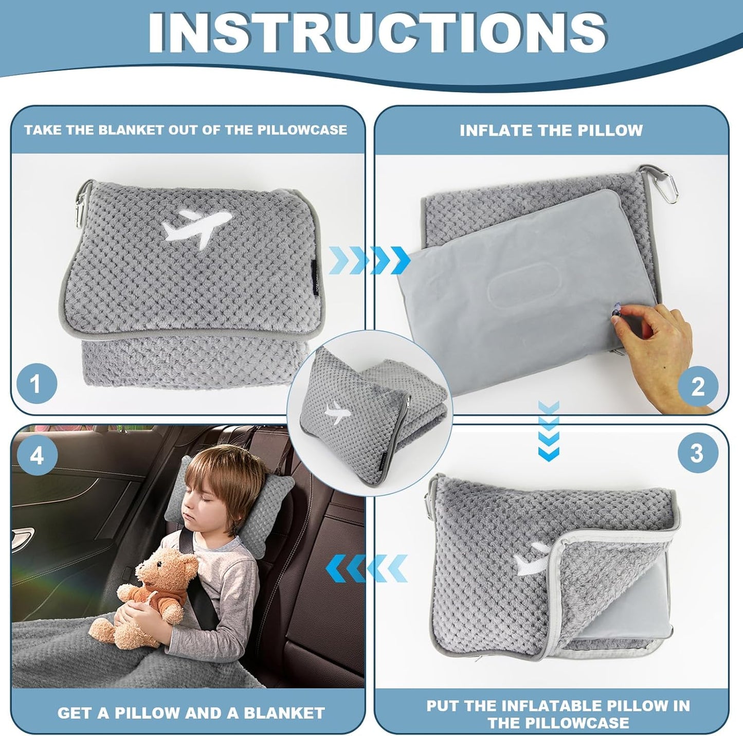 Travel Blanket Airplane Compact with Bag, Travel Essentials 3 in 1 Packable Airplane Blanket, Travel Pillow and Blanket Set, Inflatable Pillow, Luggage Sleeve & Backpack Clip (Light Grey)