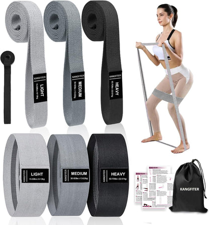 KANGFITER Long and Short Fabric Resistance Bands with Door Anchor, Non-Slip Stretch Booty Bands for Working Out Women & Men, Loop Exercise Elastic Bands for Home Physical Therapy Yoga Pilates