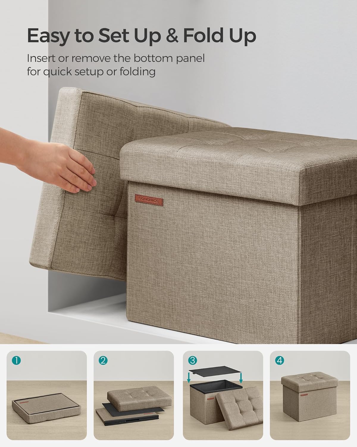 SONGMICS Mazie Collection - Small Folding Storage Ottoman, Foot Rest Stool, 12.2 x 16.1 x 12.2 Inches, 286 lb Load Capacity, for Living Room, Bedroom, Home Office, Dorm, Dark Gray ULSF102G01