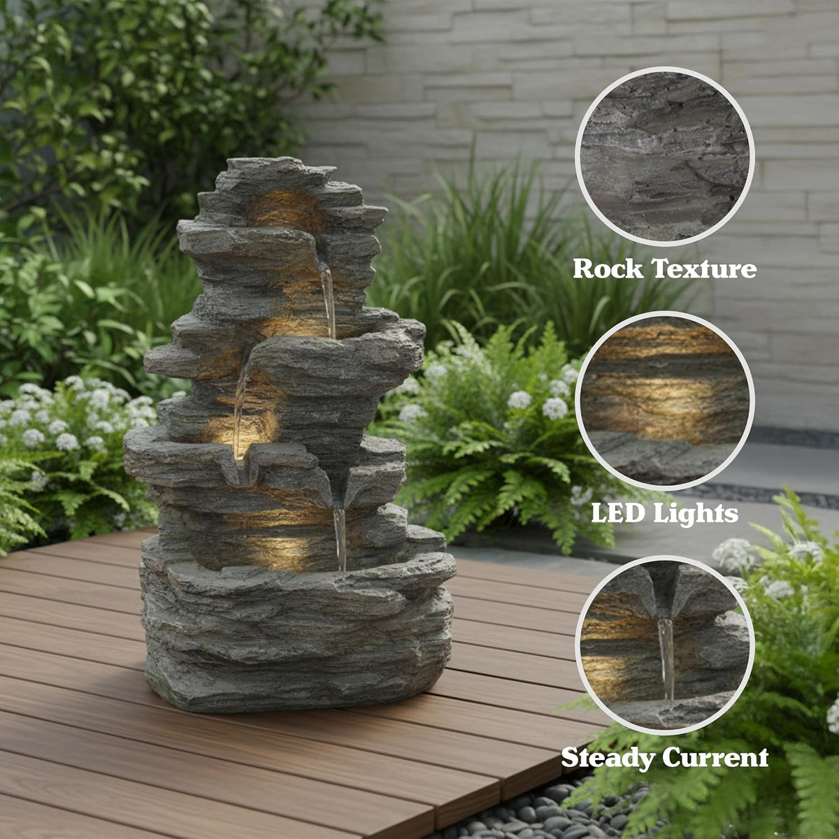 Pure Garden Tabletop Cascading Rock Waterfall Fountain with Lights, Gray