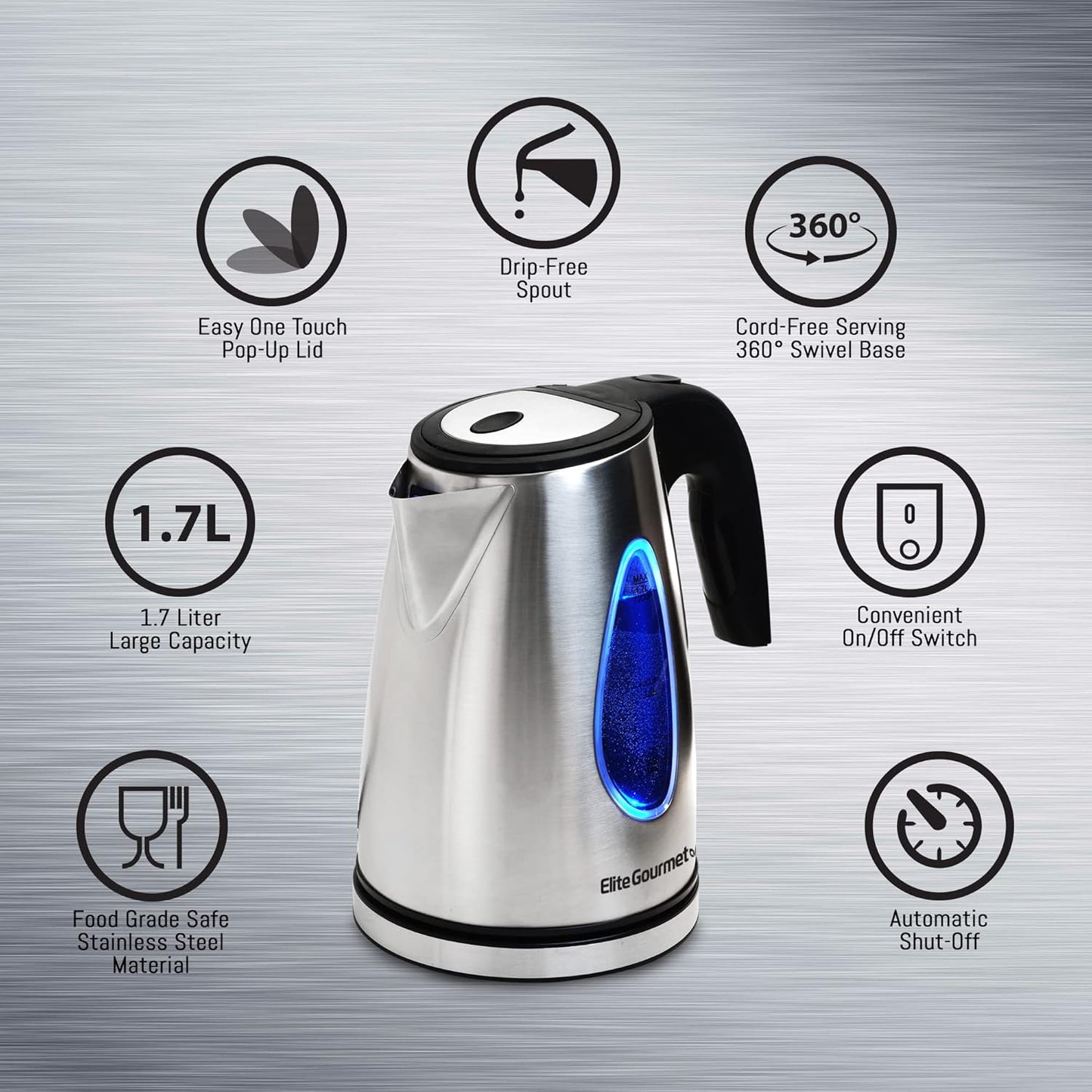 Elite Gourmet EKT5051 1.7L Electric Water Kettle, BPA-Free, Fast Boil, Auto Shut-Off, Boil-dry Protection, 360° Swivel Base with Cordless Serving, Clear-view Window with Water Level Markings, Black
