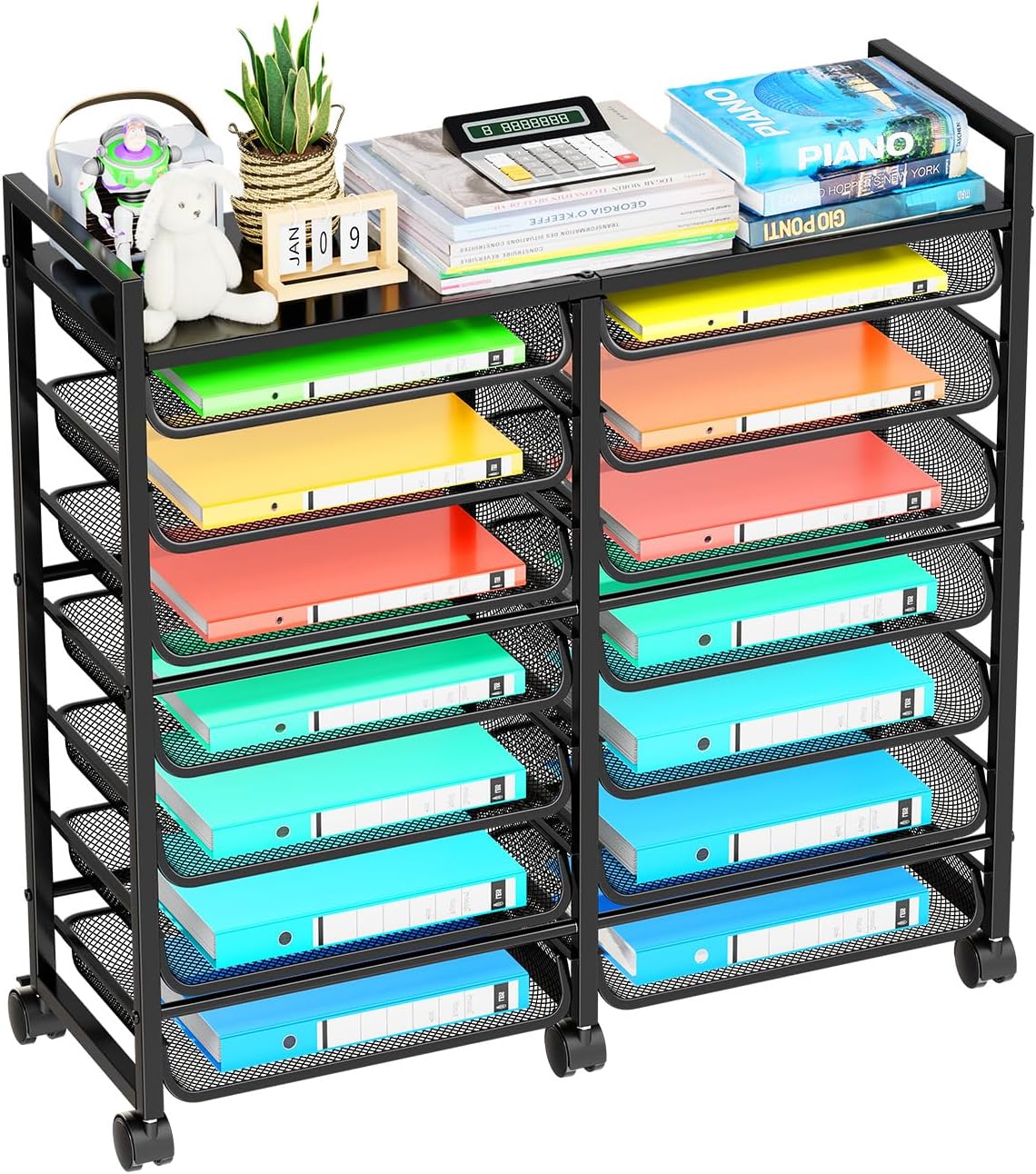 Simple Trending 12-Tier Rolling File Cart, Desk File Organizer with 11 Mesh Sliding Trays, Letter & Legal Paper Storage Rolling Utility Cart for Office Home School, Black