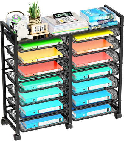 Simple Trending 12-Tier Rolling File Cart, Desk File Organizer with 11 Mesh Sliding Trays, Letter & Legal Paper Storage Rolling Utility Cart for Office Home School, Black