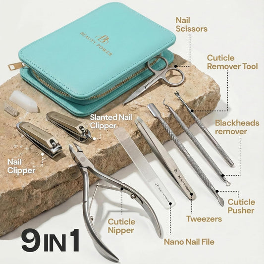 Beauty Power 9 in 1 Professional Manicure Pedicure Set - Stainless Steel Nail Clippers, Nano File, Cuticle Nipper, Scissors, Tweezers, Travel PU Leather Case for Men & Women - Gift Idea - Pink