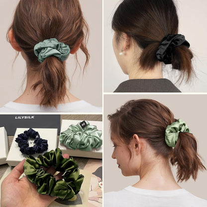 LILYSILK Silk Hair Scrunchies / Ties for Frizz & Breakage Prevention, 100% Mulberry, No Damage, Elastic ponytail Holders, 1Pc, Coffee - Colors B