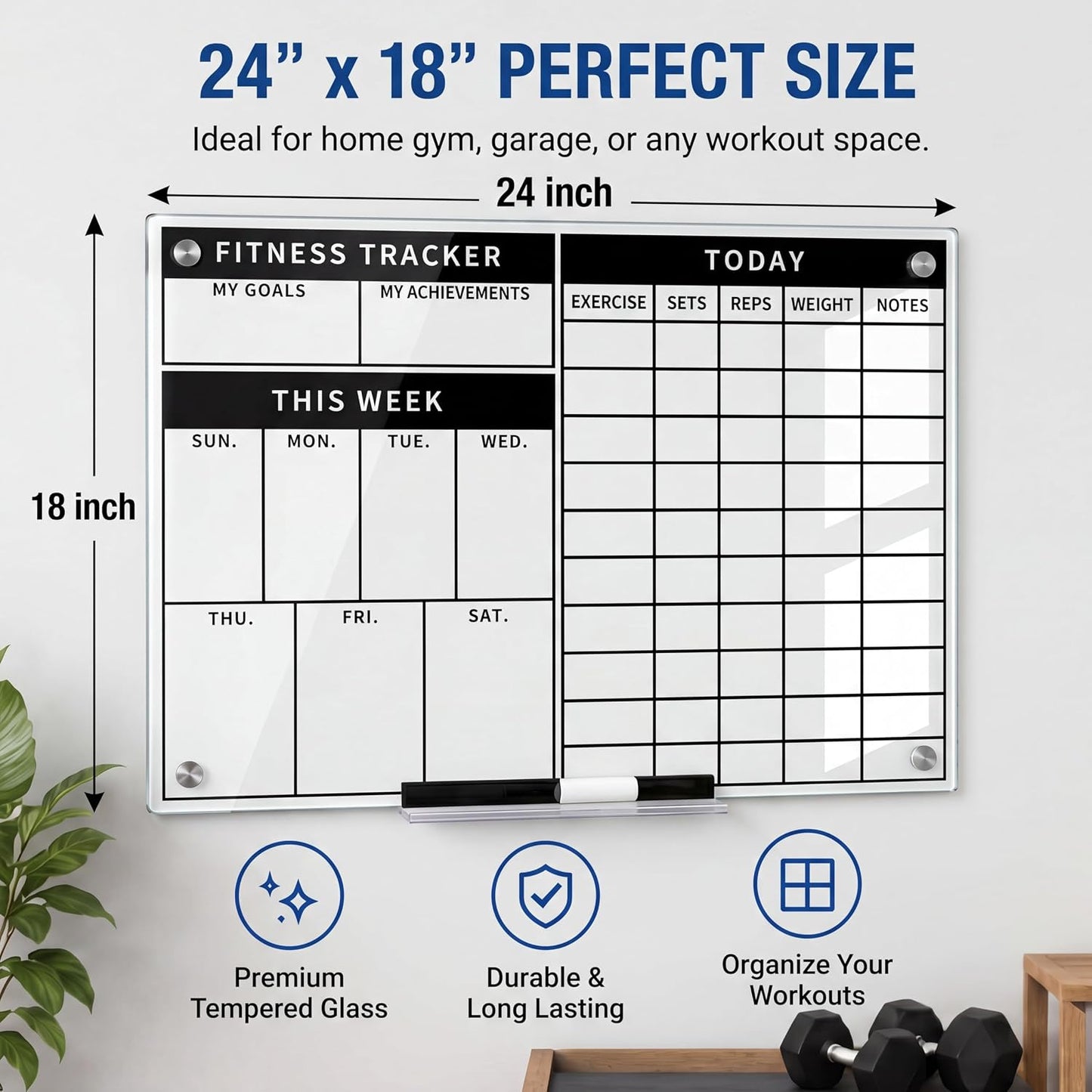 Lincia 24 x 18 Inch Glass Workout Whiteboard for Home Gym, Dry Erase Fitness Planner Board, Weekly Exercise Tracker and Goal Chart, Frameless Wall Mounted Gym Whiteboard with Markers, Eraser and Tray