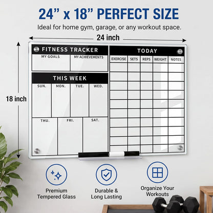 Lincia 24 x 18 Inch Glass Workout Whiteboard for Home Gym, Dry Erase Fitness Planner Board, Weekly Exercise Tracker and Goal Chart, Frameless Wall Mounted Gym Whiteboard with Markers, Eraser and Tray
