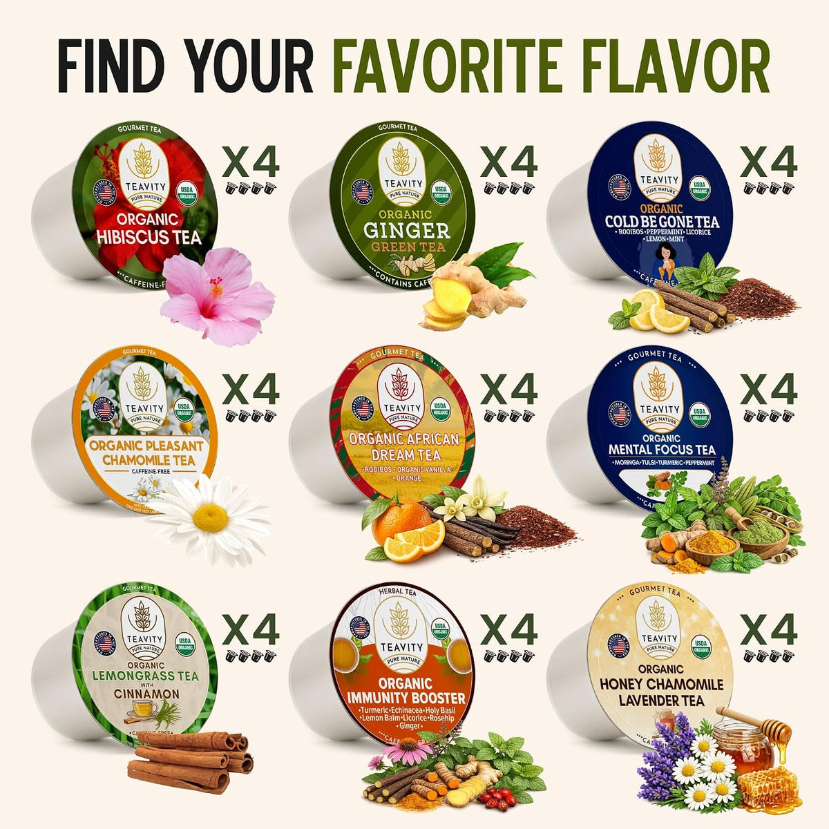Teavity 9 Blend Organic Herbal Tea Pods Variety Pack,. 9 Assorted Flavors, Single Serve Decaf Tea Pods - 100% Gourmet Blended Leaves, Compatible with Keurig K Cups Brewer