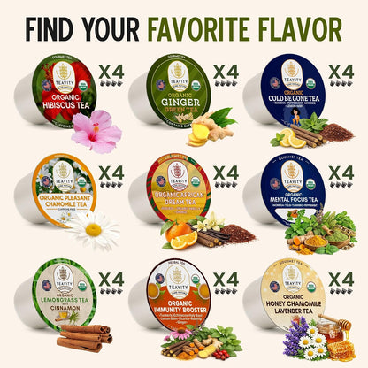 Teavity 9 Blend Organic Herbal Tea Pods Variety Pack,. 9 Assorted Flavors, Single Serve Decaf Tea Pods - 100% Gourmet Blended Leaves, Compatible with Keurig K Cups Brewer