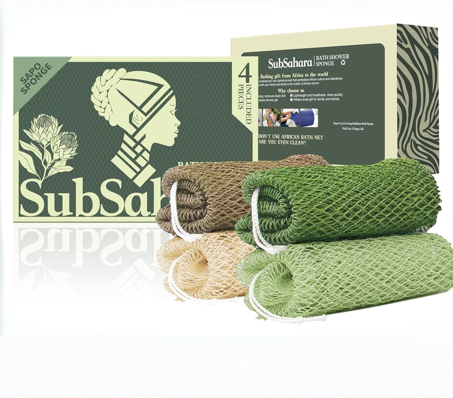 SubSahara Authentic African Net Sponge - 2 Pack Exfoliating Bath & Shower Loofah Sponge for Body & Face, Gentle Scrubber for All Skin Types, Travel, Durable Polyester (Olive Green & Light Green)