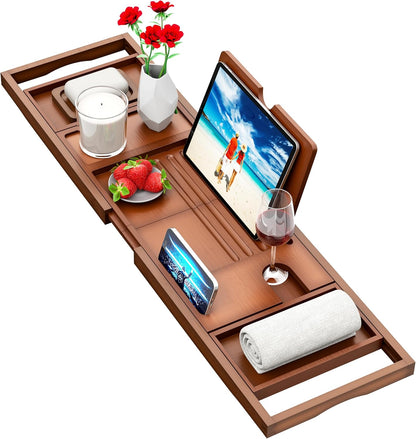 Premium Bamboo Bathtub Tray Caddy - Bath Tub Tray Table for Bathtub - Bath Caddy Tray for Bathtub, Expandable Size, Fits Most Bath Tubs