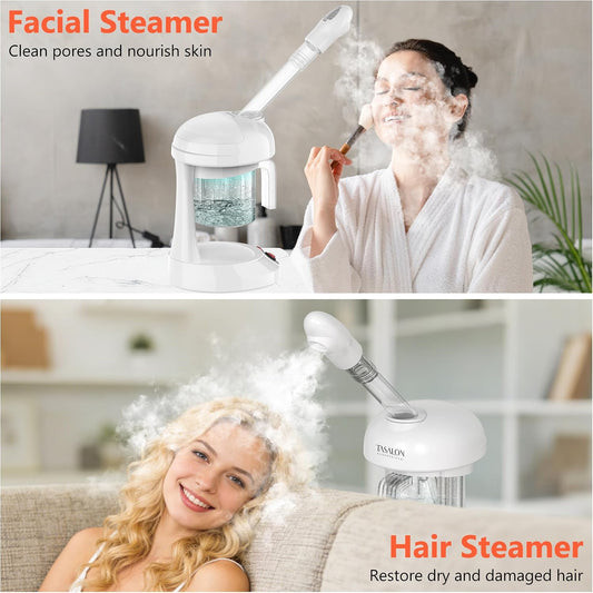 Facial Steamer - TASALON Ozone Face Steamer for Facial, Portable Facial Steamer with Removable Water Tank, Nano Ionic Facial Steamer for Home Salon Spa or Personal Care, White