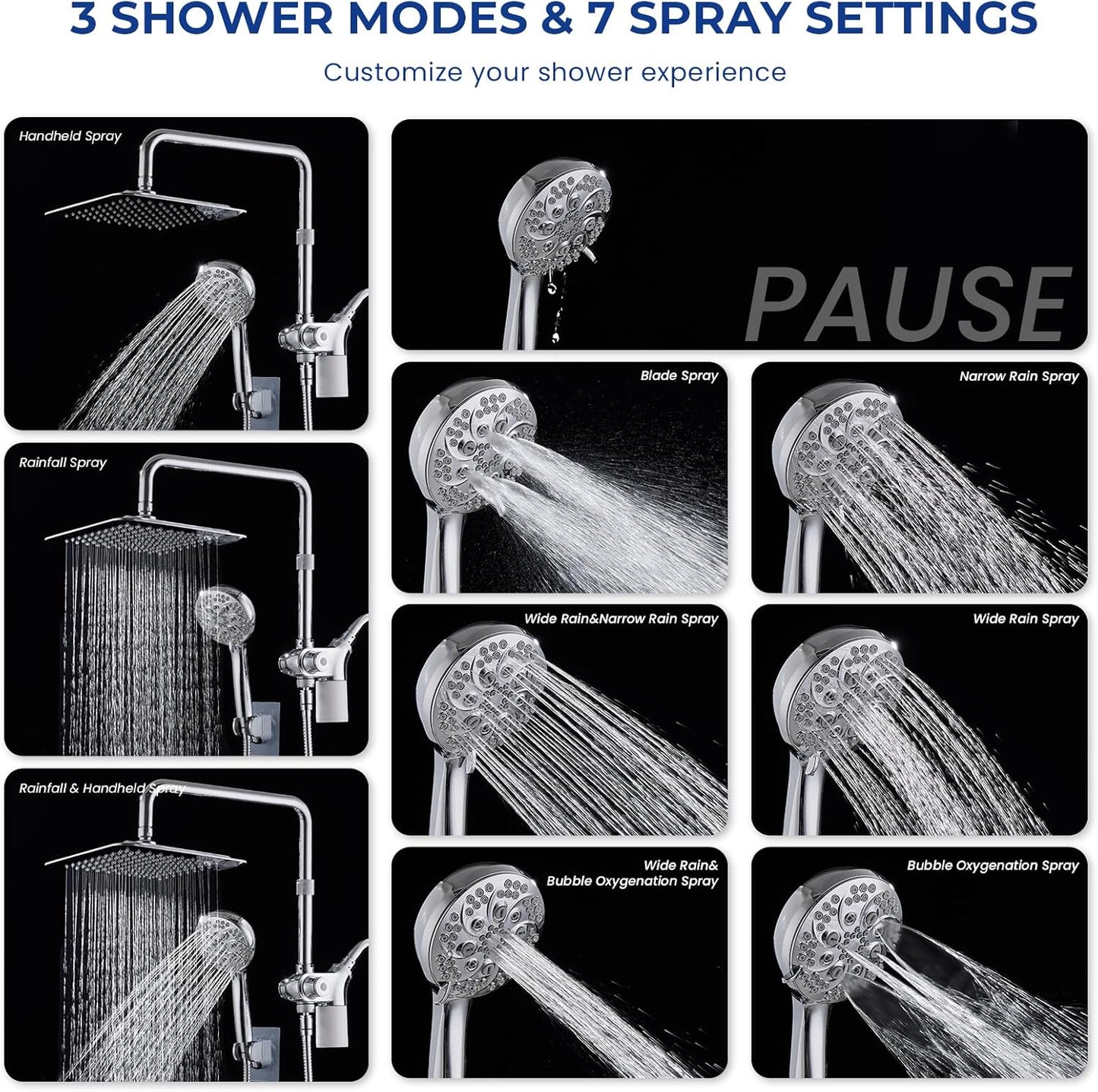 Ryamen Upgraded Dual Shower Heads Combo, 10 inch Filtered Shower Head with Handheld, 3-Way Rain Shower Head with Filters, 7 Settings Handheld Spray, High Pressure, Height Adjustable (Black)