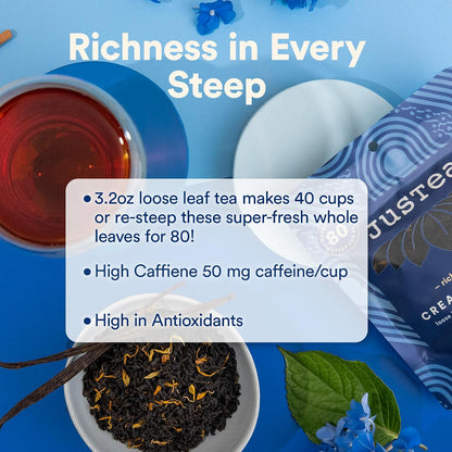 JusTea CREAM EARL GREY Loose Leaf Black Tea, 40+ Cups Pouch, 4/5 Caffeine