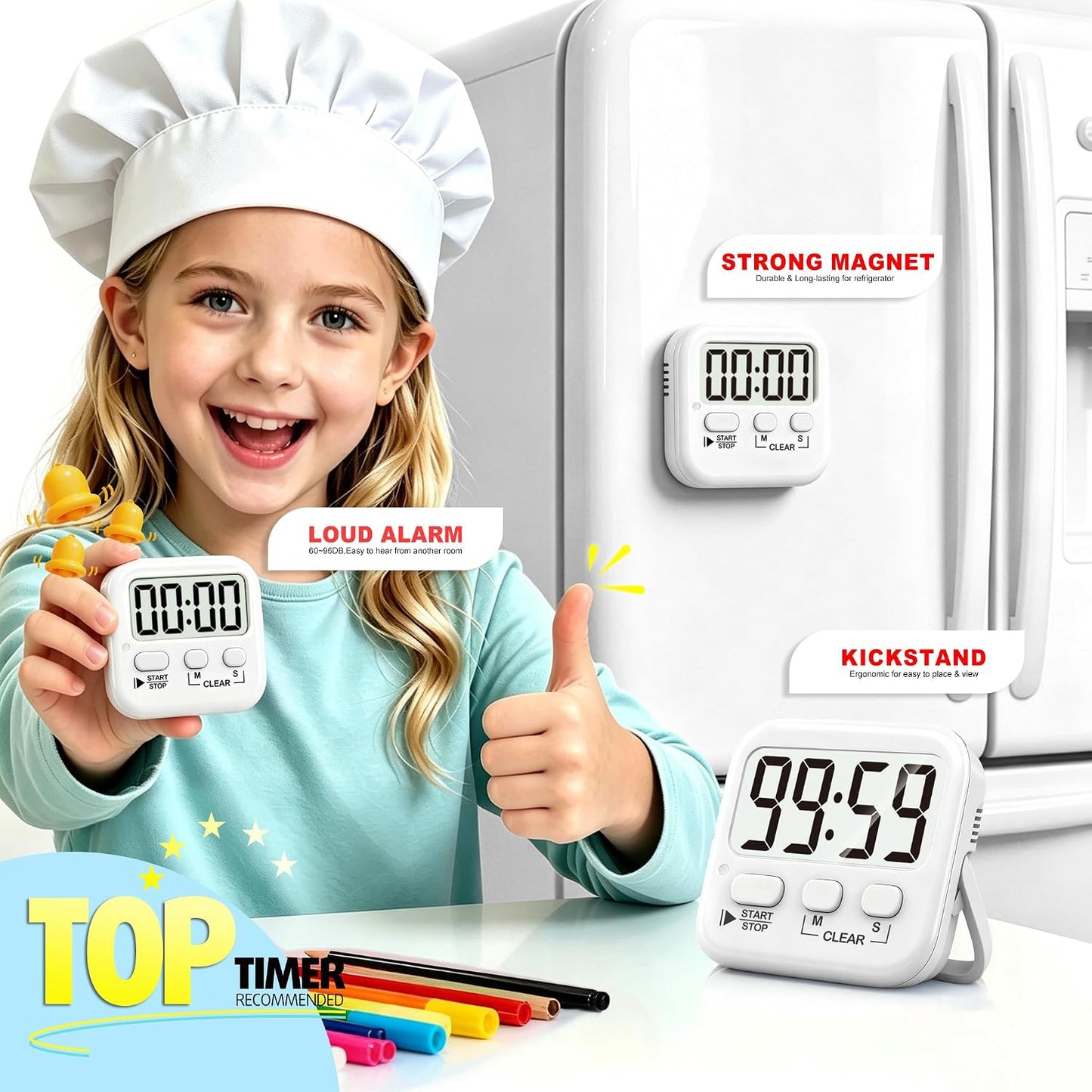 Antonki 2 Pack Digital Timer for Kids, Magnetic Countdown Kitchen Timers for Cooking, Egg, Classroom, Teacher, Exercise, Study, Oven - Battery Included
