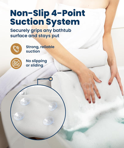 Everlasting Comfort Luxury Bath Pillows for Tub with Head and Neck Support - Non-Slip Bathtub Pillow with Suction Cups, Quick-Drying Mesh & Drying Hook - Jacuzzi & Spa Accessories for Women - Gray