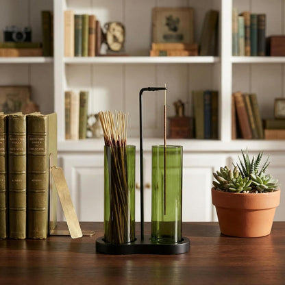Green Glass Incense Holder, Colorful Incense Sticks Burner Holder with Storage,Hang Upside Down Incense Holder for Sticks with Glass Ash Catcher for Meditation Yoga Spa Room Decor (Green)