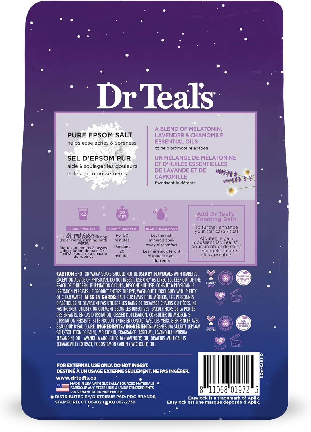 Dr Teal's Epsom Salt Magnesium Soak, Sleep Blend with Melatonin, Lavender & Chamomile Essential Oils, 3 lbs