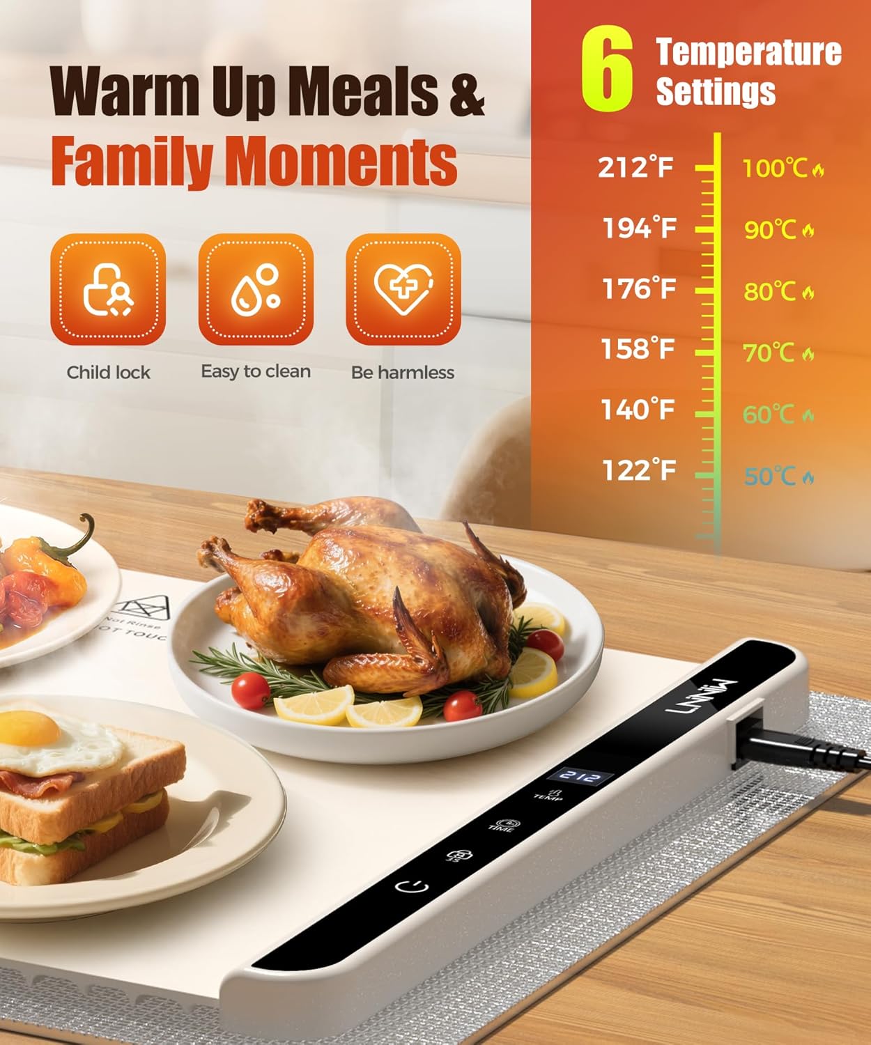 Food Warming Mat with Heat-Resistant Pad, 26X15 Inch, 6 Temperature & 6 Timer Settings, Child Lock Safety,Food Warmer Chafing Dishes for Buffet,Gatherings,Parties,Everyday Use