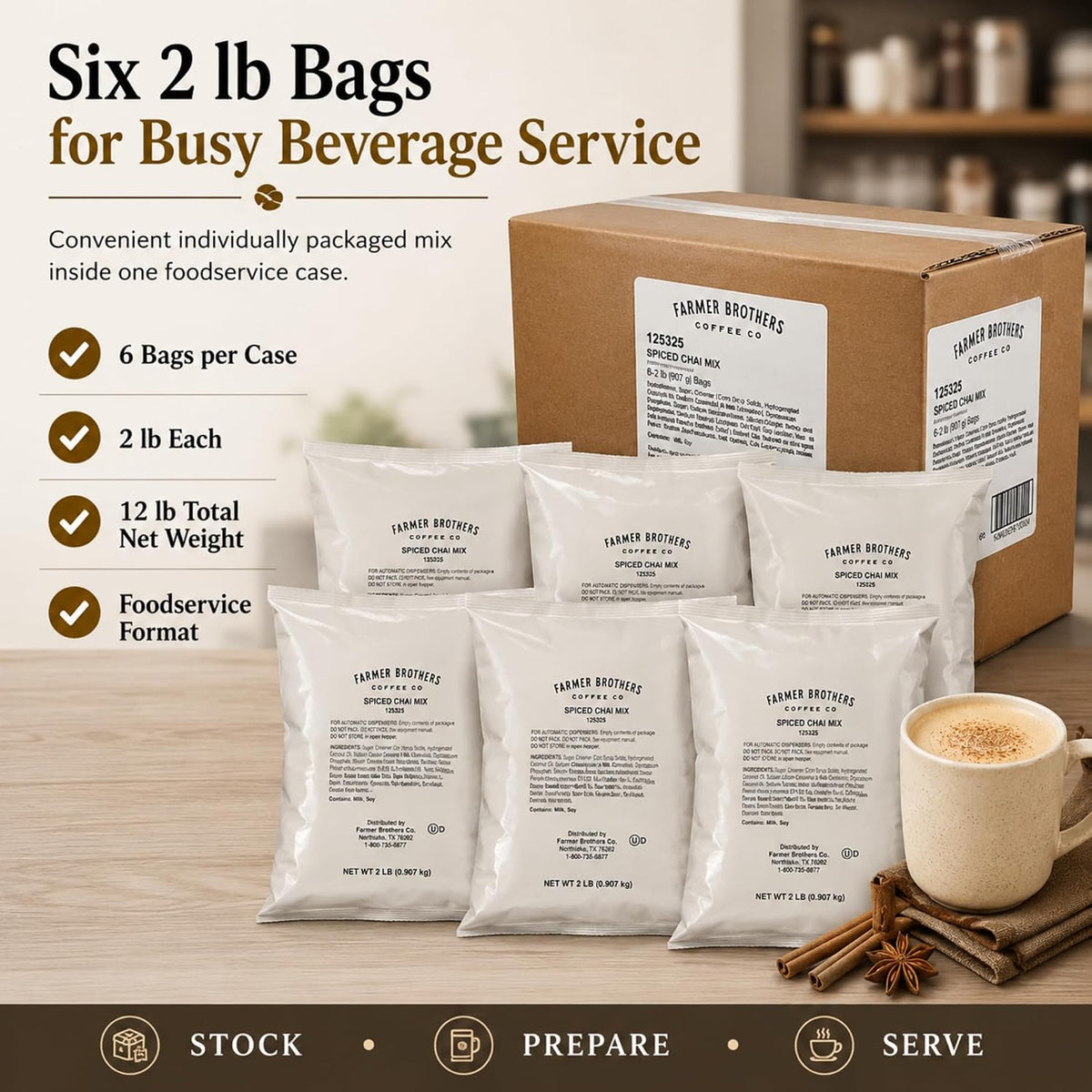 Farmer Brothers Spice Chai Tea Latte Powder Mix, 2 lb Bags (Case of 6)