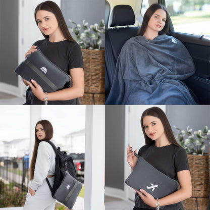 BlueHills Premium Soft Plush Mini Travel Blanket Pillow Plane 2 in 1 Gray