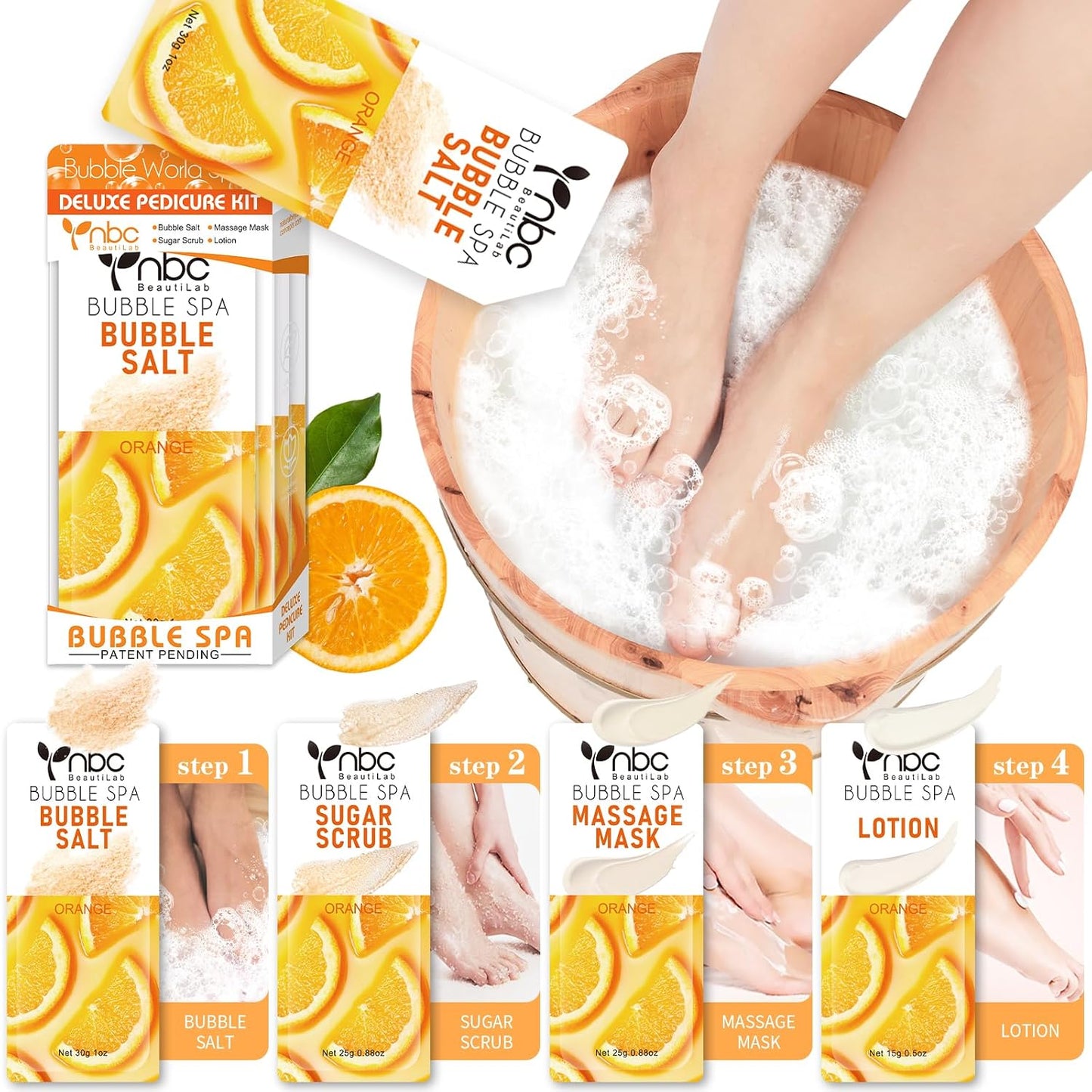 Pedicure Kit Foot Soak Set: Bubble Salt, Sugar Scrub, Massage Mask, Massage Lotion in a Box, 4 Step Foot Spa Kit for Dry Feet, Softens Calluses, Tired Feet（3 Set Lavender) - Colors A